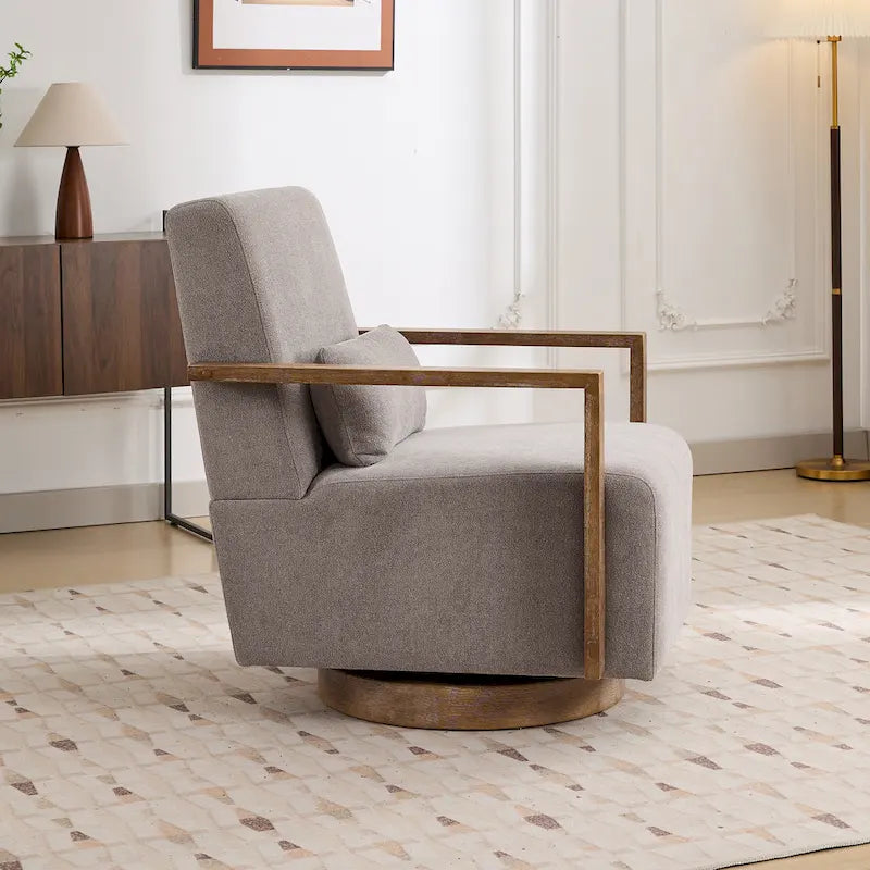 Boucle Fabric Swivel Accent Armchair with Wood Arms and Lumbar Pillow