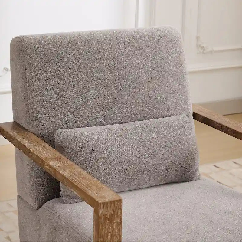 Boucle Fabric Swivel Accent Armchair with Wood Arms and Lumbar Pillow