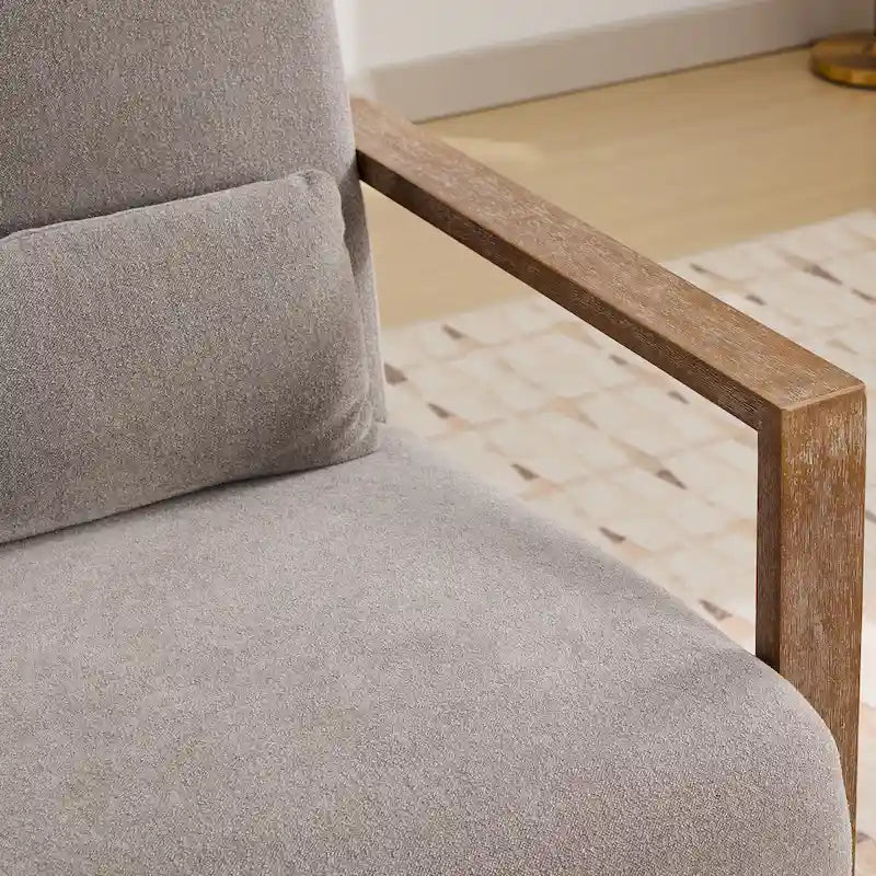 Boucle Fabric Swivel Accent Armchair with Wood Arms and Lumbar Pillow