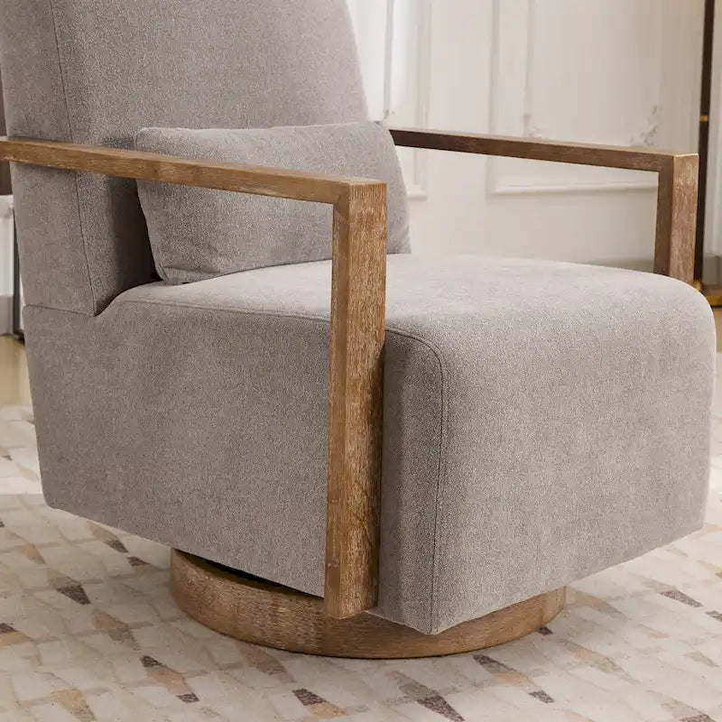 Boucle Fabric Swivel Accent Armchair with Wood Arms and Lumbar Pillow