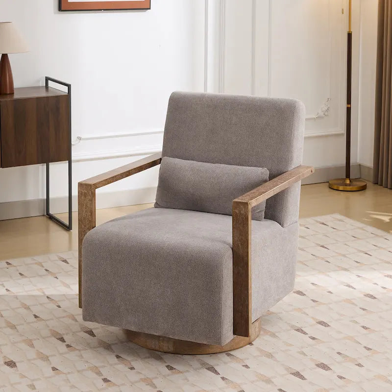 Boucle Fabric Swivel Accent Armchair with Wood Arms and Lumbar Pillow