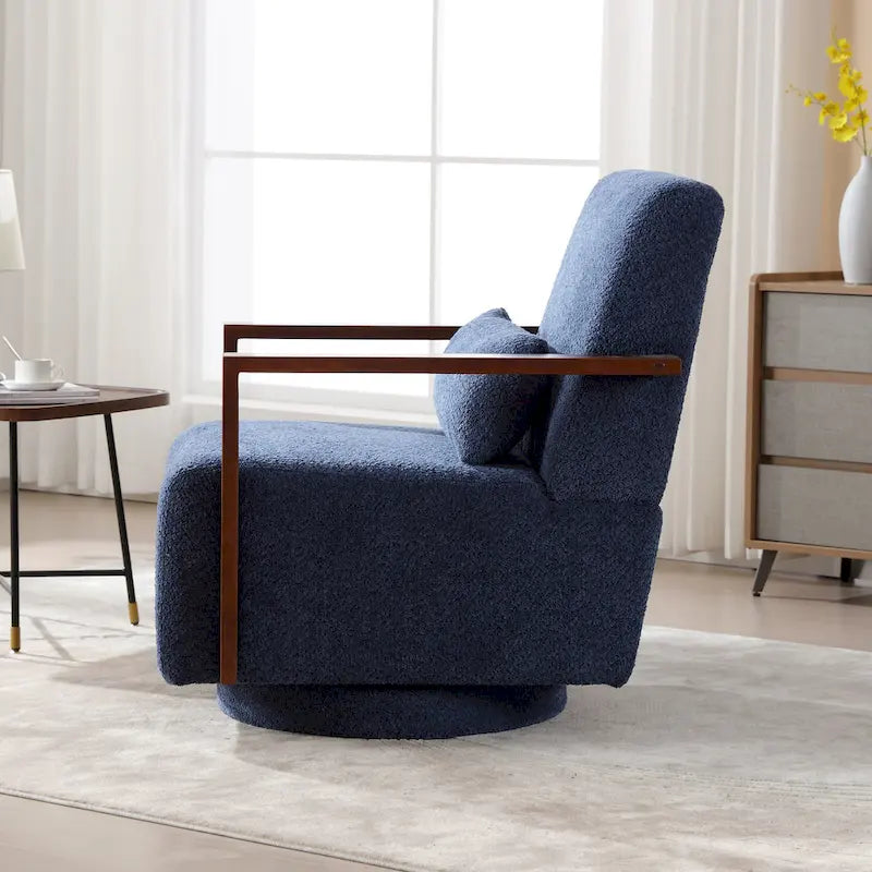 Boucle Fabric Swivel Accent Armchair with Wood Arms and Lumbar Pillow