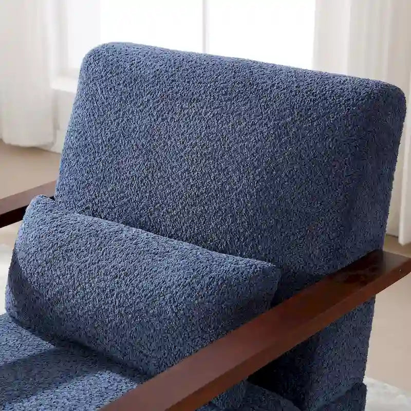 Boucle Fabric Swivel Accent Armchair with Wood Arms and Lumbar Pillow