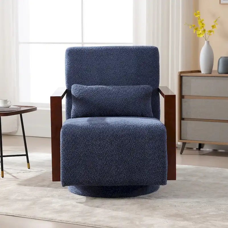Boucle Fabric Swivel Accent Armchair with Wood Arms and Lumbar Pillow
