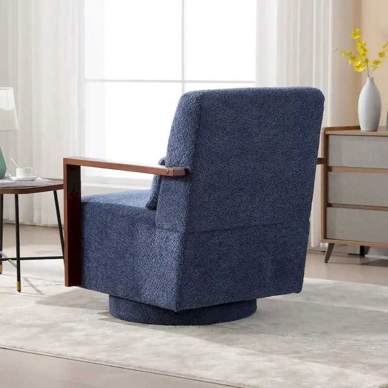 Boucle Fabric Swivel Accent Armchair with Wood Arms and Lumbar Pillow