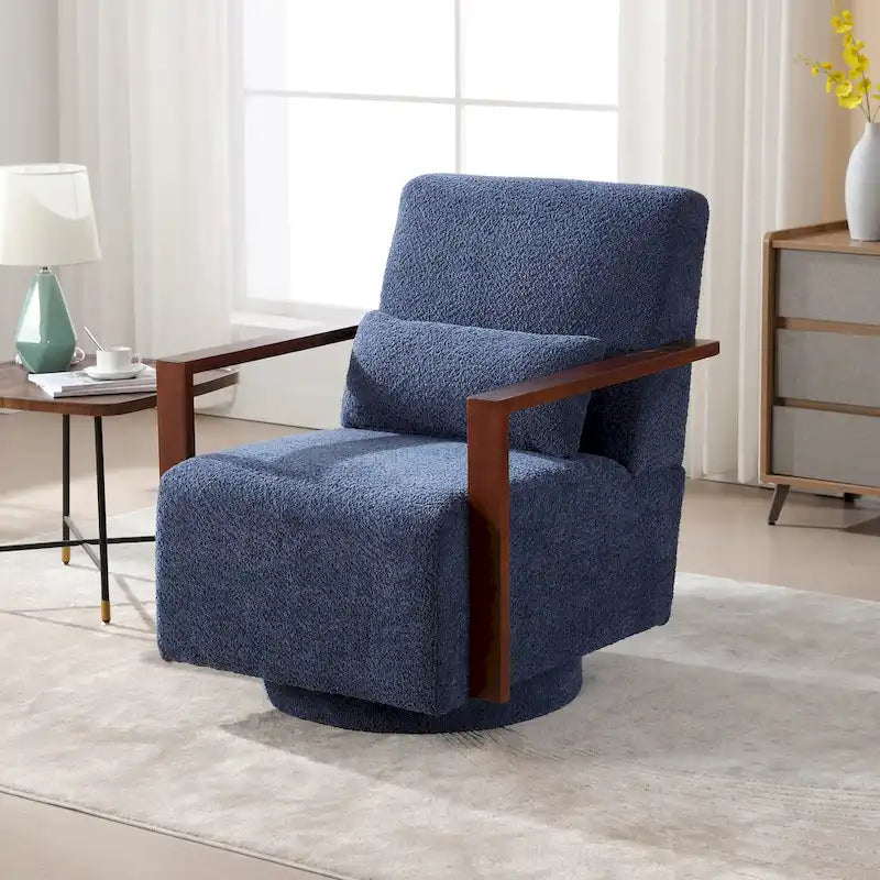 Boucle Fabric Swivel Accent Armchair with Wood Arms and Lumbar Pillow