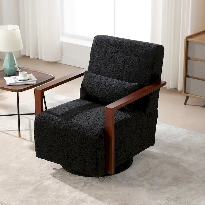 Boucle Fabric Swivel Accent Armchair with Wood Arms and Lumbar Pillow