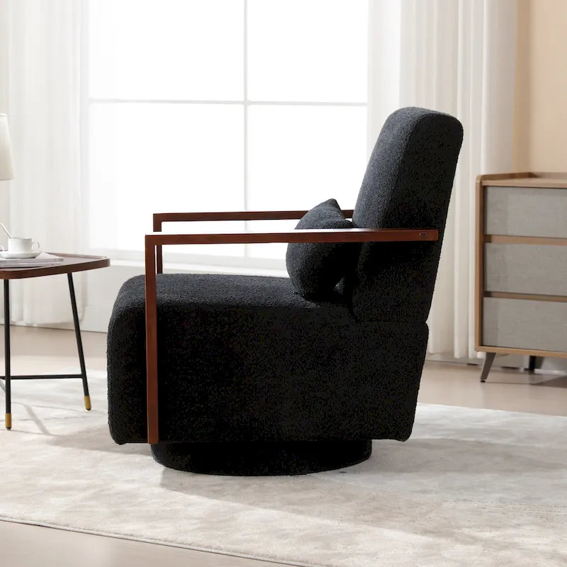 Boucle Fabric Swivel Accent Armchair with Wood Arms and Lumbar Pillow