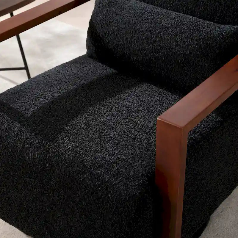 Boucle Fabric Swivel Accent Armchair with Wood Arms and Lumbar Pillow