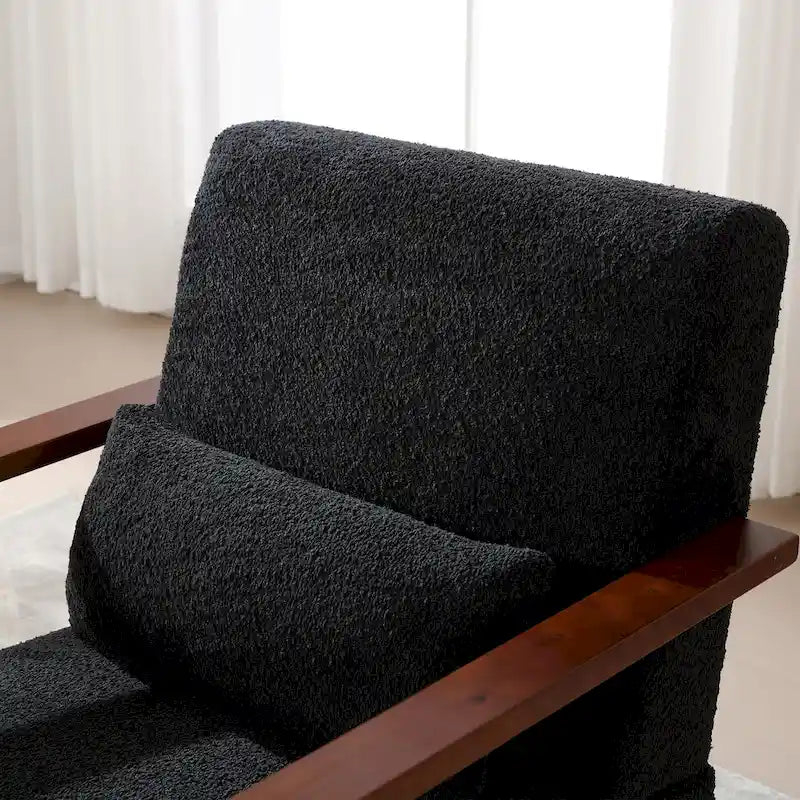 Boucle Fabric Swivel Accent Armchair with Wood Arms and Lumbar Pillow