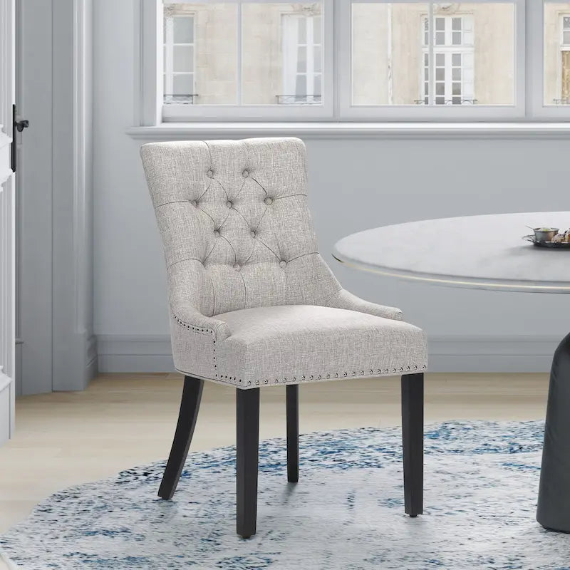 Tufted Upholstered Linen Fabric Dining Chair with Brass Nailhead Trim, Beige