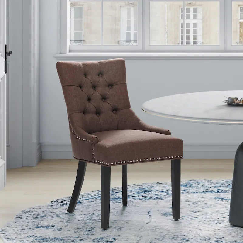 Tufted Upholstered Linen Fabric Dining Chair with Brass Nailhead Trim, Beige