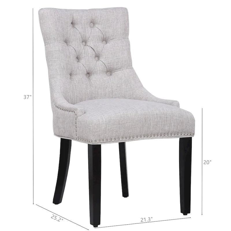 Tufted Upholstered Linen Fabric Dining Chair with Brass Nailhead Trim, Beige