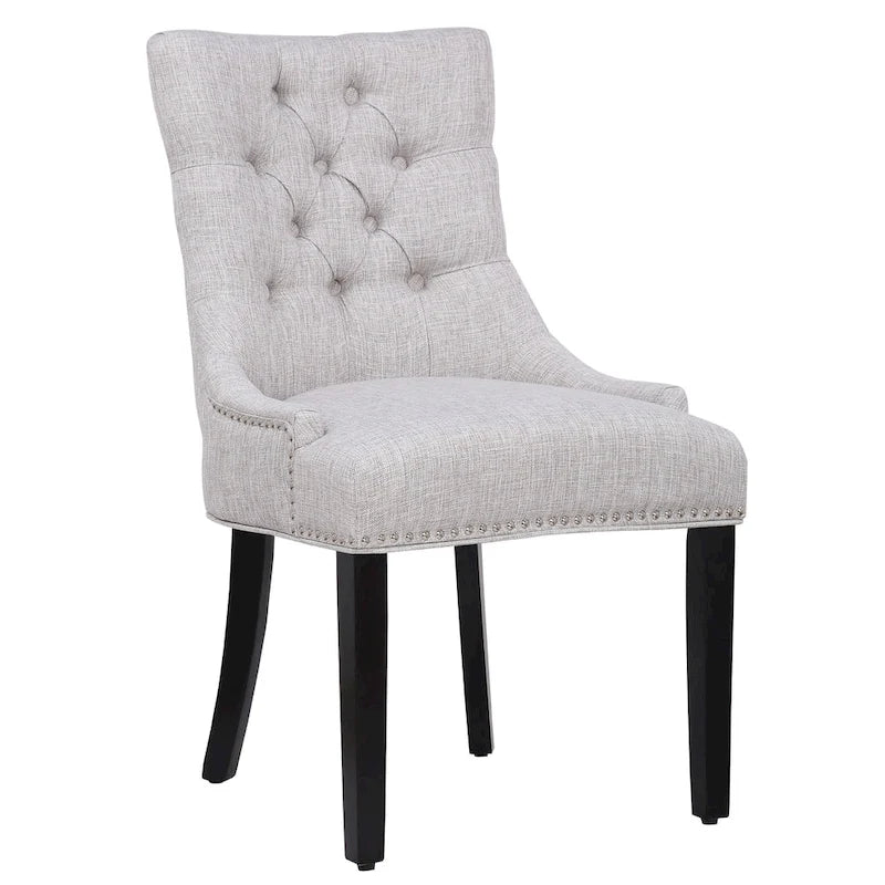 Tufted Upholstered Linen Fabric Dining Chair with Brass Nailhead Trim, Beige