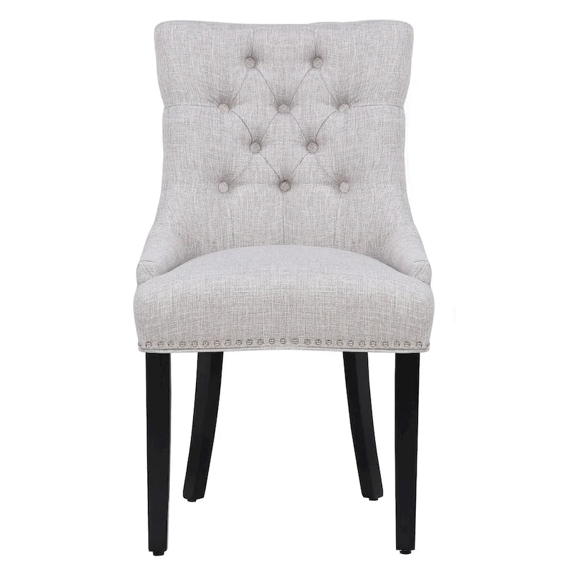 Tufted Upholstered Linen Fabric Dining Chair with Brass Nailhead Trim, Beige