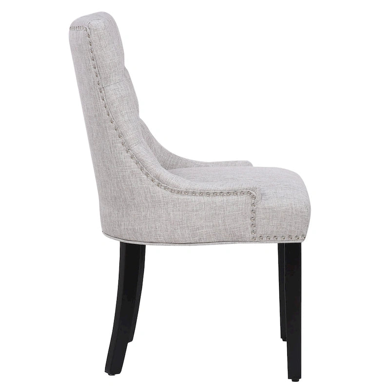 Tufted Upholstered Linen Fabric Dining Chair with Brass Nailhead Trim, Beige