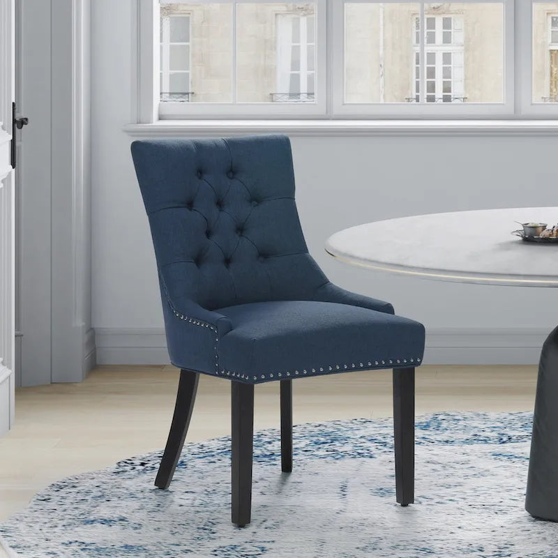 Chaise de salle à manger rembourrée en tissu de lin capitonné, avec clous décoratifs en laiton, beige