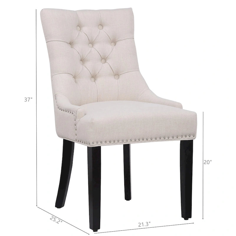 Chaise de salle à manger rembourrée en tissu de lin capitonné, avec clous décoratifs en laiton, beige