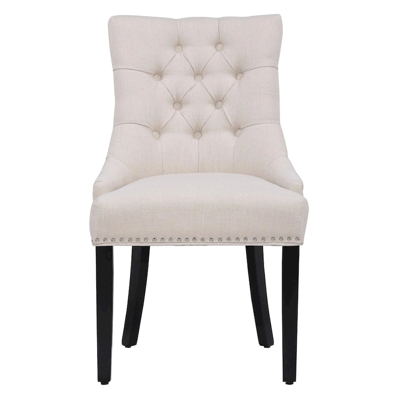 Chaise de salle à manger rembourrée en tissu de lin capitonné, avec clous décoratifs en laiton, beige