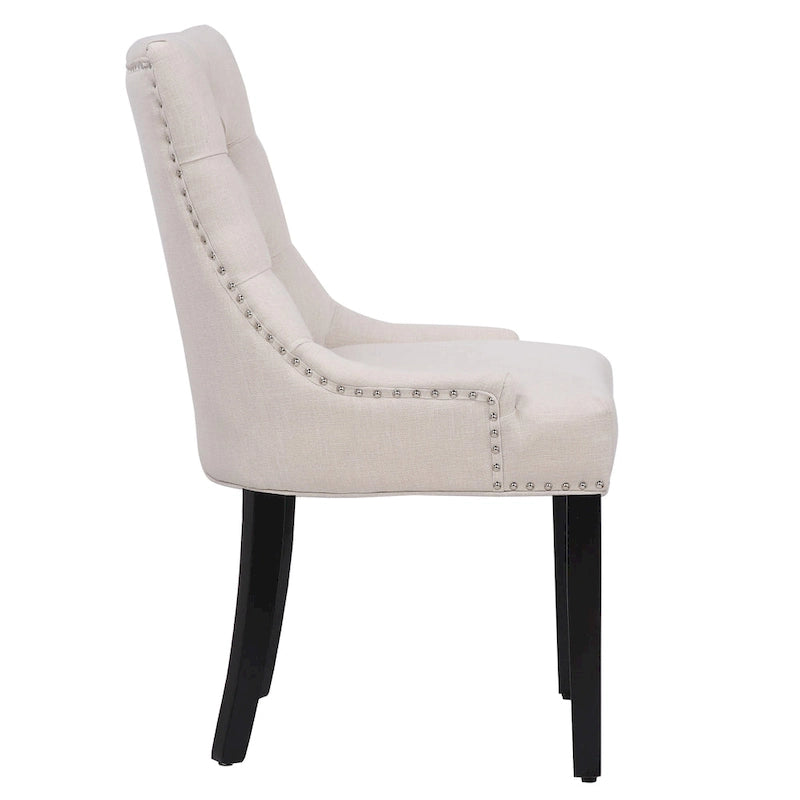 Chaise de salle à manger rembourrée en tissu de lin capitonné, avec clous décoratifs en laiton, beige