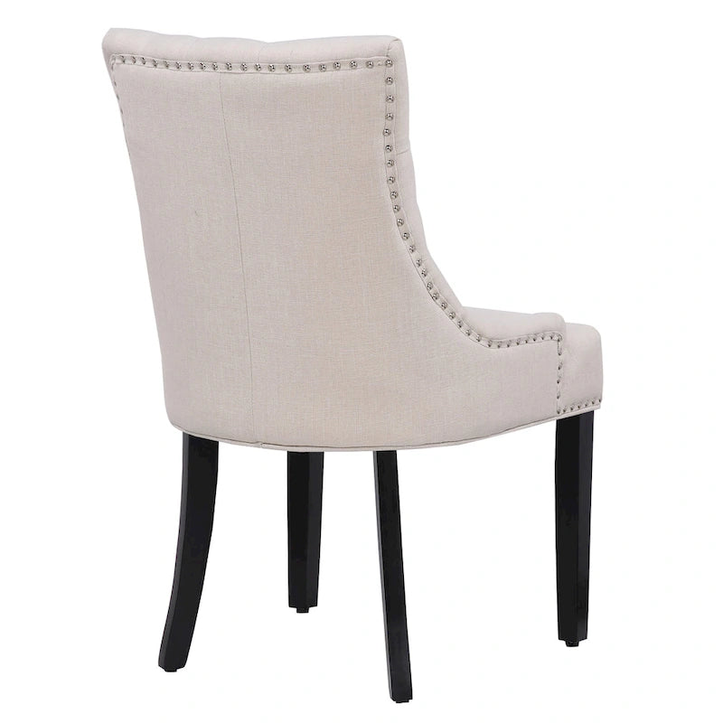 Chaise de salle à manger rembourrée en tissu de lin capitonné, avec clous décoratifs en laiton, beige
