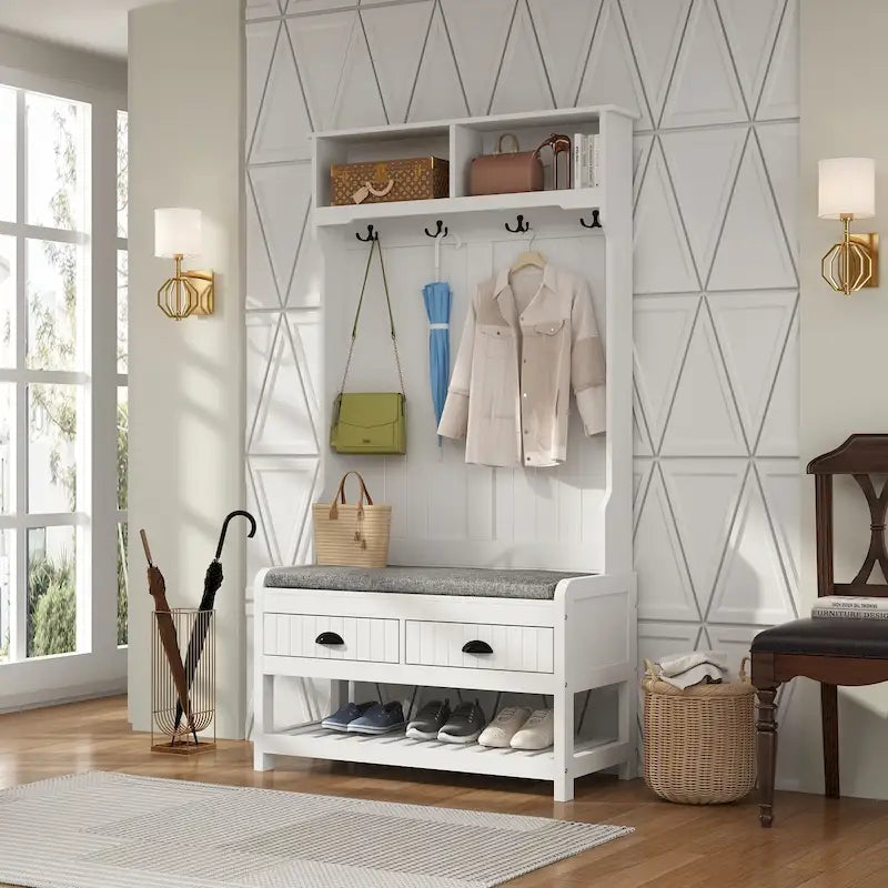 Kapstok met gevoerde bank, 4 haken, open planken en schoenenladen