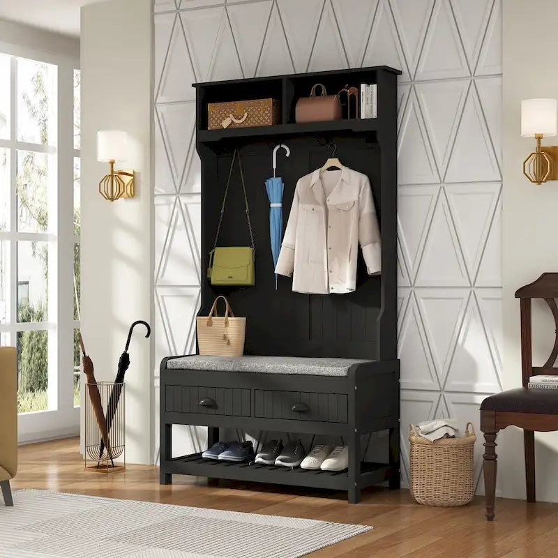 Hall Tree with Padded Bench, 4 Hooks, Open Shelves and Shoe Storage Drawers