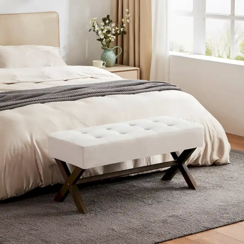 Upholstered Entryway Bench with X-Shaped Legs, Grey / White / Beige