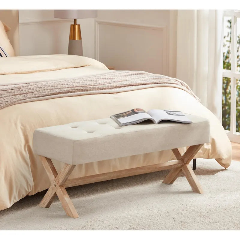 Upholstered Entryway Bench with X-Shaped Legs, Grey / White / Beige