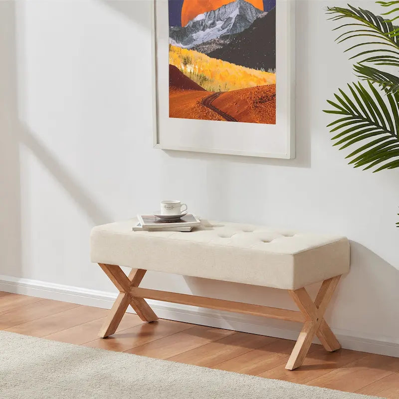 Panca imbottita da ingresso con gambe a X, grigia, bianca e beige