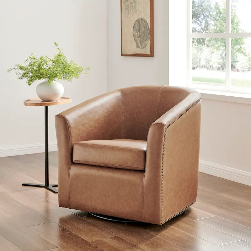 Barrel Back Faux Leather Swivel Accent Chair with Nail Head Detail