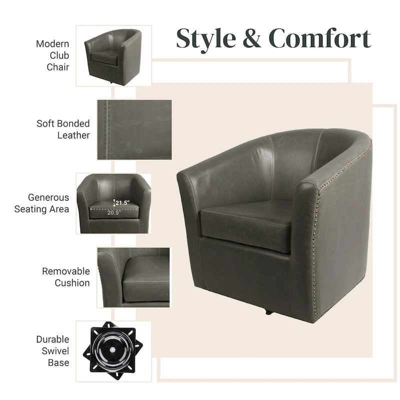 Barrel Back Faux Leather Swivel Accent Chair with Nail Head Detail