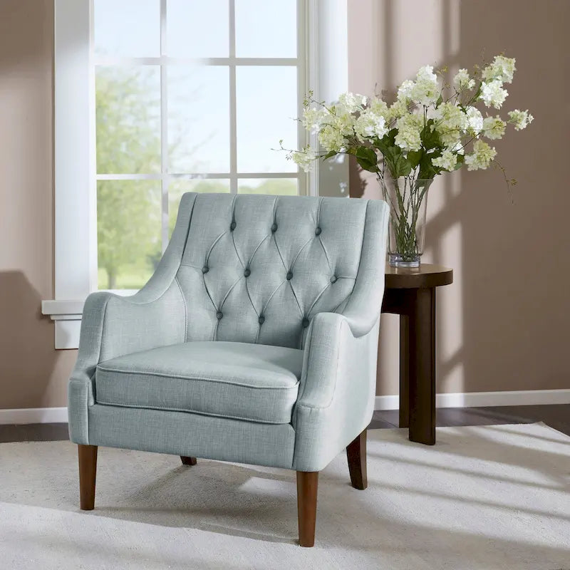Button Tufted Upholstered Accent Chair with Removable Cushion and Solid Wood Legs