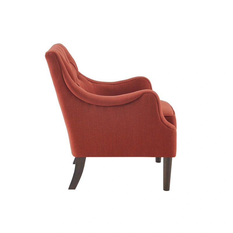 Poltrona decorativa imbottita con bottoni, cuscino removibile e gambe in legno massello
