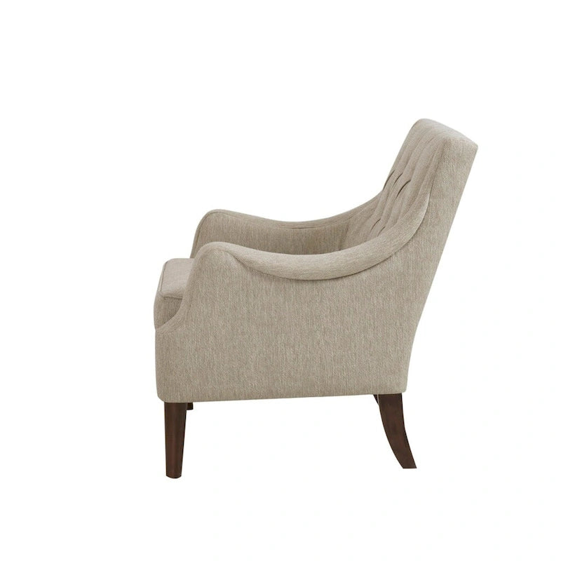 Poltrona decorativa imbottita con bottoni, cuscino removibile e gambe in legno massello