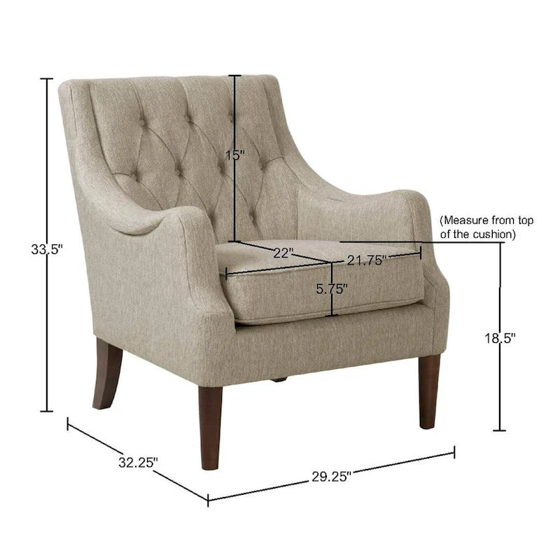 Poltrona decorativa imbottita con bottoni, cuscino removibile e gambe in legno massello