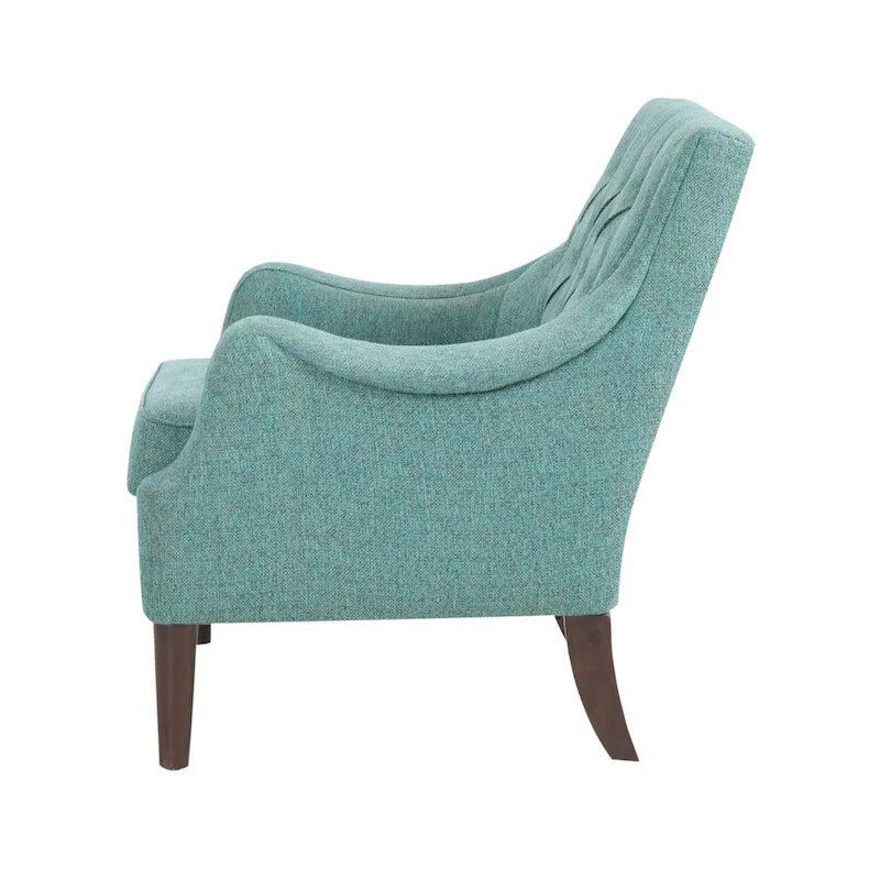 Poltrona decorativa imbottita con bottoni, cuscino removibile e gambe in legno massello
