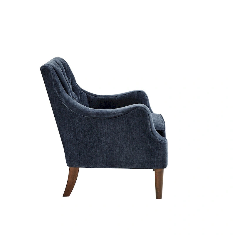 Poltrona decorativa imbottita con bottoni, cuscino removibile e gambe in legno massello