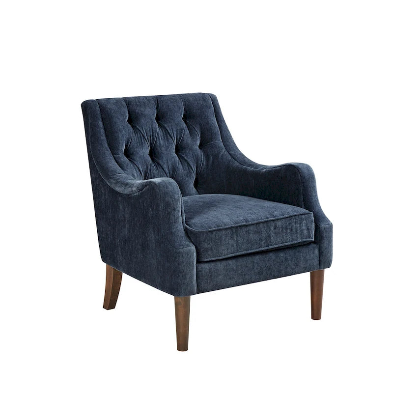 Poltrona decorativa imbottita con bottoni, cuscino removibile e gambe in legno massello