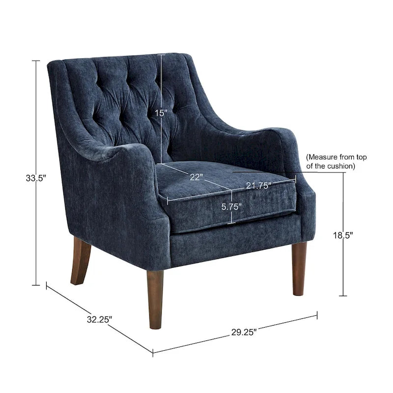 Poltrona decorativa imbottita con bottoni, cuscino removibile e gambe in legno massello