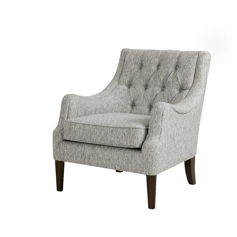 Poltrona decorativa imbottita con bottoni, cuscino removibile e gambe in legno massello