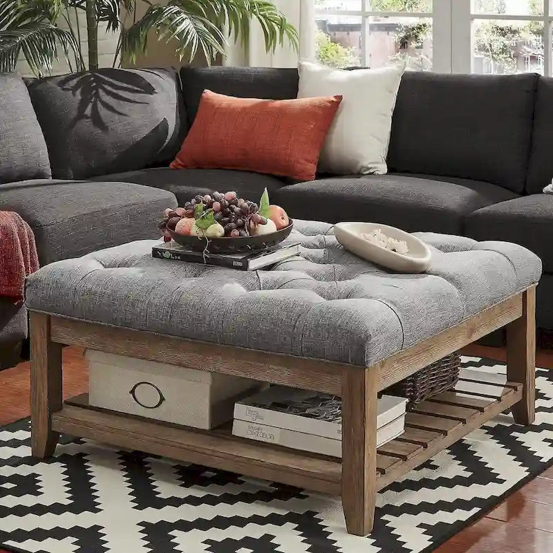 Square Tufted Ottoman Coffee Table with Plank Shelf Antique Pine Linen