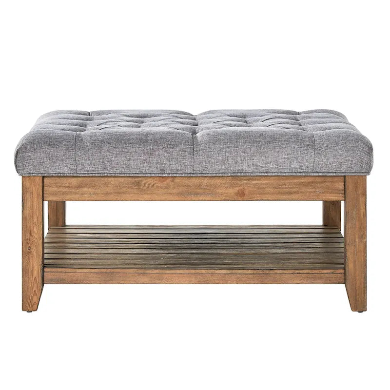 Table basse ottomane carrée capitonnée, avec étagère en planches, pin vieilli et lin