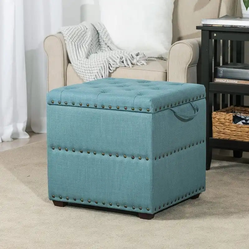 Square Tufted Fabric Storage Ottoman with Removable Tray Lid Blue