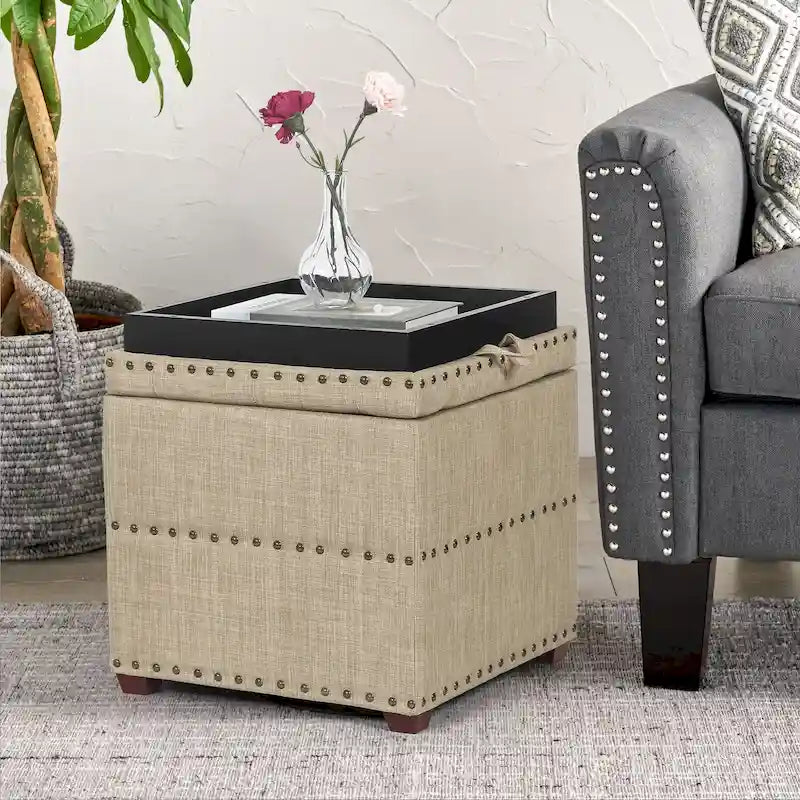 Square Tufted Fabric Storage Ottoman with Removable Tray Lid Blue