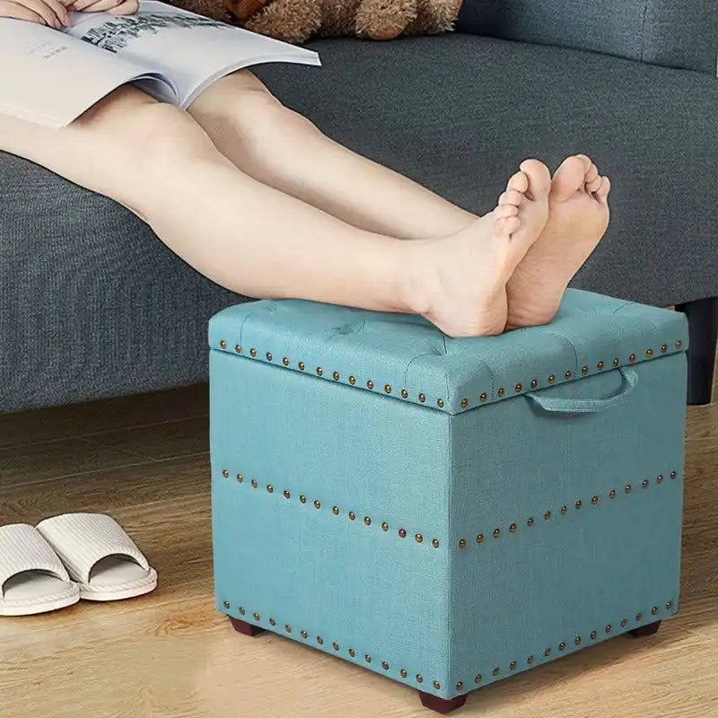 Square Tufted Fabric Storage Ottoman with Removable Tray Lid Blue