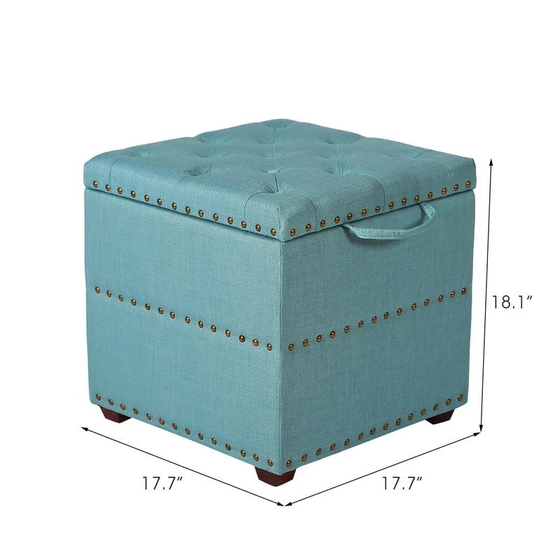 Quadratischer getufteter Stoffhocker mit abnehmbarem Tablettdeckel, blau