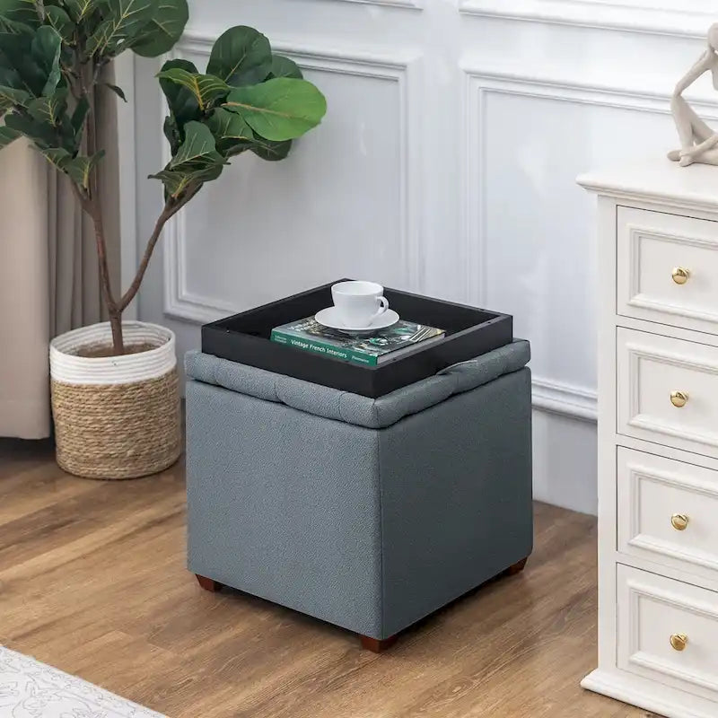 Quadratischer getufteter Stoffhocker mit abnehmbarem Tablettdeckel, blau
