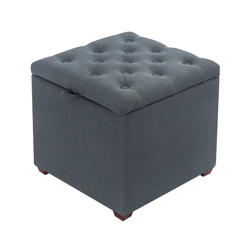 Quadratischer getufteter Stoffhocker mit abnehmbarem Tablettdeckel, blau