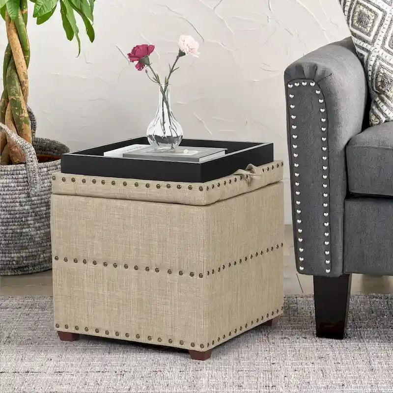 Quadratischer getufteter Stoffhocker mit abnehmbarem Tablettdeckel, blau